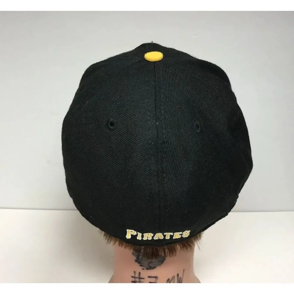 New Era 59Fifty Pittsburg Pirates Hat Black Yellow Spell Out Baseball Cap Sz 7.5